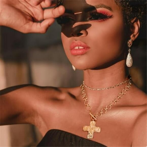 Gold Chunky Cross Necklace for Women Statement Cross Pendant Necklace - Picture 3 of 8